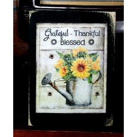 handmade Sunflowers Grateful Thankful Blessed Watering Can Wooden Shelf Sitter 3.5X4.5