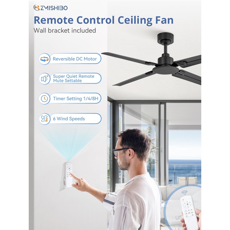 ZMISHIBO 48 Inch Ceiling Fan with Remote No Light, for