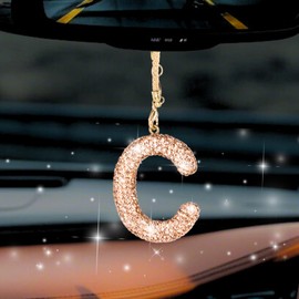 MOTOFITOOL Bling Car Accessories for Women Letter Charm, Rainbow Crystal Rearview Mirror Pendant, Cute Diamond Rhinestone Car Decor, Lucky Gift for Women(C, Champagne Gold)