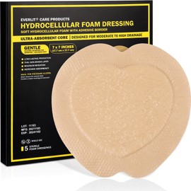 EVERLIT Sacrum Silicone Foam Dressing | Highly-Absorbent Waterproof Sacral Bandage Pad for Bed Sore Pressure Ulcer Wound Care | Sterile Adhesive Dressing for Chronic Wounds (7" x 7" | 5 Pack)