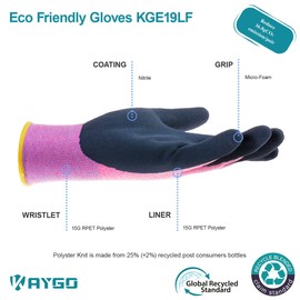 KAYGO Latex Coated Work Gloves for Women Breathable, 3 Pairs Recycled Polyester Gardening Gloves, Eco Friendly Safety Yard Work Gloves for Ladies, KGE19L (Pink, Small)