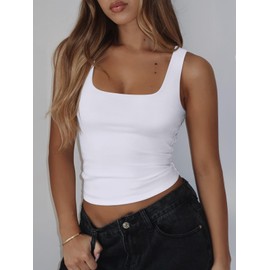 REORIA Women's Square Neck Tank Top Sleeveless Double Lined Basic Crop Tops Summer Going Out Outfits White Medium