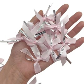 Lmlliang 50pc Pink Twist Tie Bows for Treat Bags Ribbon Bows Christmas Satin Twist Tie Bows for DIY Gift Wrapping Decorate4x4.5cm