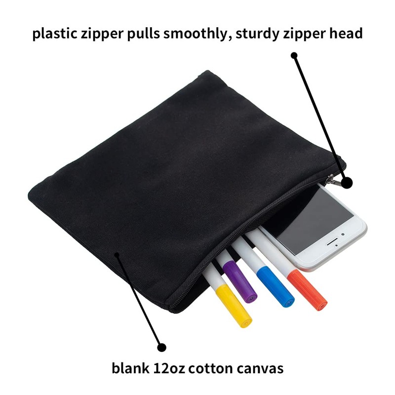 Aspire 6-Pack Black 12oz Cotton Canvas Zipper Bags Pen/Pencil Cases