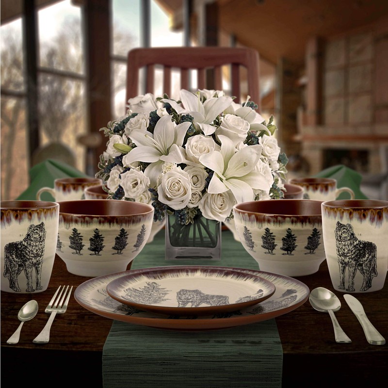 Elama Majestic Wolf 16 Piece Round Stoneware Dinnerware Set in