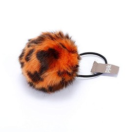 Kids Fur Ball Ponytail Hair Tie Band- Leopard Print- Orange
