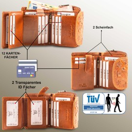 MATADOR Genuine Leather Women's Wallet RFID Protection Wallet Compact Leather, Printed Braun