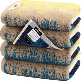 SEMAXE Hand Towel for Bathroom Set of 4, 100% Cotton Towels with Hanging Loops and Smart Tags, Soft Absorbent Towels, Colourful Oil Painting Style, Blue/Yellow Colored, 27" L x 16" W