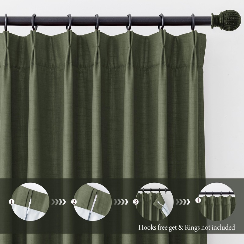 MYSKY HOME Olive Green Linen Pinch Pleated 100% Blackout Curtains