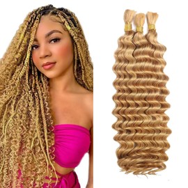 Honey Blonde Human Braiding Hair 3 Bundles 16 16 16 inch 27 Deep Wave Bulk Human Hair for Braiding 10A Wet and Wavy Bulk Bohemian Curly Bundles 150g