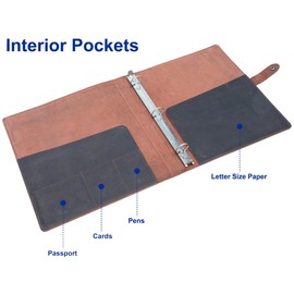 Fan&Ran Leather 3 Ring Binder, 1" Round Rings for 8.5"x11" Paper and Sheet Protectors, Interior Pockets & Snap Closure, Letter Size, Vintage Brown