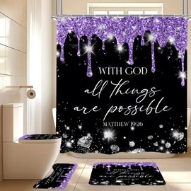 4 Pcs Black Purple Diamonds Shower Curtain Set with Rugs and Toilet Lid Cover, Black White Bible Verse Waterproof Fabric Bathroom Set, Christian Scripture Shower Curtain Bathroom Decor Set Accessories