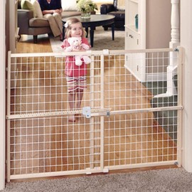 Toddleroo by North States 50" wide Quick Fit Wire Mesh Baby Gate: hassle free ratchet system for quick custom fit. Pressure mount. Fits 29.5"- 50" wide (32" tall, Sustainable Hardwood)