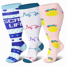 3 Packs Wide Calf Compression Socks for Women Men Knee Hight Plus Size Extra Graduated Stocking Para Mujer Big Running School Travel Flight Sports Excise New Mom Birth Gifts Pink Pineapple 4XL