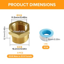 Lyeteung 4 PCS G3/8 Male to G1/4 Female Brass Reducer Connector, Brass Hex Bushing Reducer Connector with Raw Material Tape, for Pipe Connecting Conversion