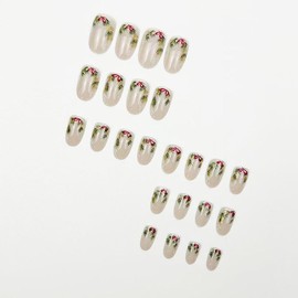 24pcs Christmas Press On Nails Short Almond Fake Nails Holly Leaf With Gold Glitter Design Nude False Nails Xmas Full Cover Glue On Nail Winter Stick On Nail For Women Manicure Art