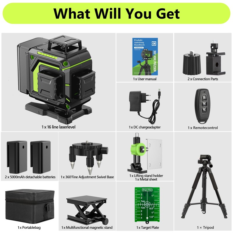 16 Line Laser Level 360 Self Leveling, 4x360°Professional 4D Green