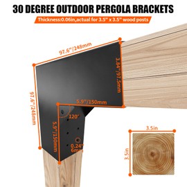 ITeVe.GD 30-Degree Angle Pergola DIY Bracket Kits,2-Way L-Shaped Woodwork Brackets with Stainless Steel Screws for 4" x 4"(Actual:3.5" x 3.5") Lumber for Outdoor Pergola,Proch,Passageway - 2Pack