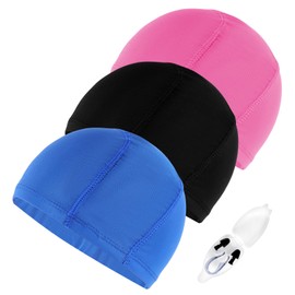 TPTGIAR Pack of 3 Swimming Caps, Elastic Swimming Caps, Girls Men, Comfortable Fabric, Swimming Caps, Children Boys with Nose Clip and Ear Plugs for Short Long Hair Girls Boys Swimmers