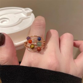 Elegant Colorful Tourmaline Bead Statement Wedding Ring for Women Fashion Gold Wire Wrapped Finger Band Tiger Eyes Comfort Fit Stacking Ring Minimalism Valentine's Cocktail Party Dainty Y2k Jewelry