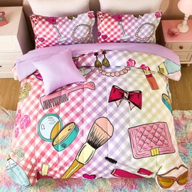 Anibedding Full Girls Comforter Set, Colorful Gardient Cosmetic Printed Kids Girls Bedding Set with Sheets Soft and Lightweight, 6 Pieces Teen Bed in a Bag（78"x90"）