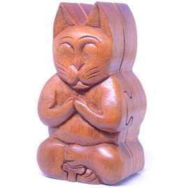 Brave Wings Hand Carved Wooden Small Storage Box ~ Meditating Cat ~ OOAK Ornament Sculpture Figurine Statue Unique Table Decoration Home Decor Gift for Christmas and Birthdays ~ 4051