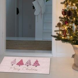 Pink Christmas Tree Door Mat,Christmas Tree Floor Mat,Christmas Door Mat Outdoor,Christmas Mats for Front Door,Anti-Slip Door Mat 17x30 Inch Door Mat Entryway Bedroom Kitchen Rug