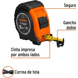 Truper FH-5M, Flexómetro Gripper, contra impacto, 5 m, cinta 19 mm