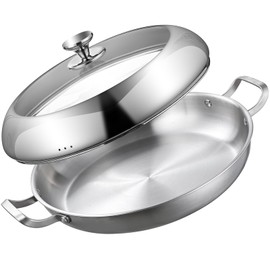 DELARLO 14 inch Paella Pan With Lid Tri-Ply Large Frying Pan Stainless Steel,Induction Skillets,Fast Heating Cookware,Indoors Outdoors,paelleras para 12 personas Jumbo Cooker