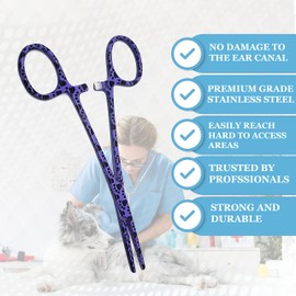 Dog Cat Pet Ear/Nose Hair Puller Grooming Hemostat Locking Forceps Straight Pliers, 5.5" (14cm) - Full Serrated Clamps - Made of Stainless Steel - Purple Paws Full Patterened Forceps for Pet Lovers