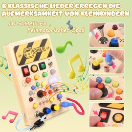 YIKANWEN Montessori Busy Board Spielzeug ab 1 2 3 Jahr, Holzspielzeug mit Musik und 10 LED Lichtschalterspielzeug Sensorisches Lernspielzeug für Babys Kleinkinder Jungen Mädchen ab 1 2 3 4 Jahre