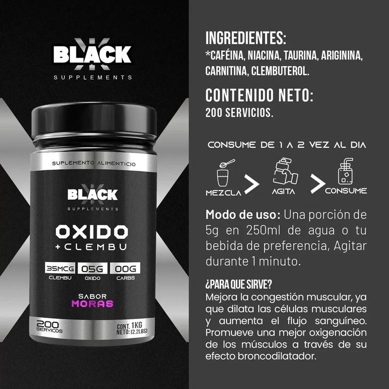 Black Supplements Oxido Nítrico Clembu 1kg Pre Entreno Moras