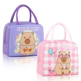 FOSDICK 2Pcs Capybara Insulated Lunch Bag, Cute Lunch Bags for Women Kids, Capybara Childrens Lunchbag, Girls Lunch Box Cool Bag Small for Work School Picnic Travel Beach, Gifts for Girls(Pink,Purple)