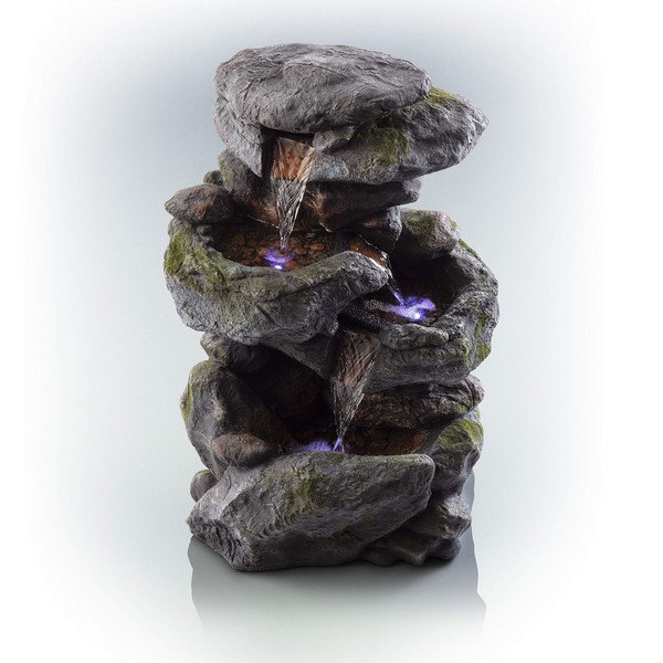 Alpine Corporation WIN582 Tall Outdoor 3-Tier Rock Waterfall Fountain with LED Lights, 15"L x 13"W x 22"H, Gray/Beige