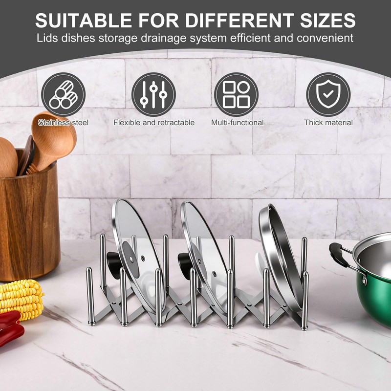 Astero Retractable Stainless Steel Pot Lid Organizer, Adjustable Lid Holder