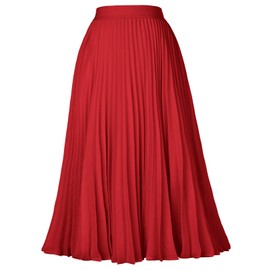 Pleated Flared Elastic Skater Skirt Solid Tea Length Red Size M KK659-4