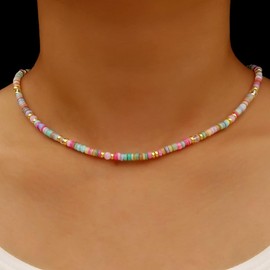 MarveBard Colorful Beaded Gemstone Necklace Crystal Beaded Choker Y2k Bohemian Bead Necklace Natural Stone Surfer Beach Summer Beach Jewelry for Women and Men