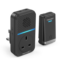 TECKNET Plug Through Wireless Doorbell with AC/USB Sockets, IP65 Waterproof Self-Powered Cordless Door Bells, 400M Range Plug in Door Bell Kits,60 Chimes,5-Level Volume&LED Light Flash