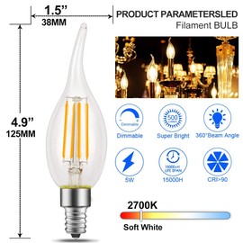 Energetic LED Candelabra Light Bulb 60W Equivalent E12 LED Bulb Dimmable 2700K Soft White, CRI 90+, Chandelier Light Bulbs, 5W 500LM Flame Tip CA11 Candle Light Bulbs, UL Listed - Pack of 12