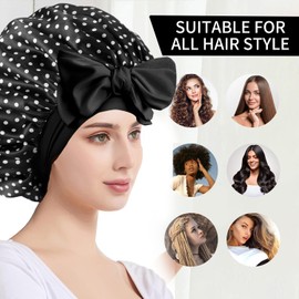 YENTEN Women's Satin Silk Sleeping Cap, Adjustable Satin Night Sleeping Hair Care Cap, Soft Elastic Band Silk Hair Cap for Women with Curly Braids (White Dots)