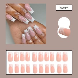 Press on Medium Square Nails French Glossy Full Cover Acrylic Square Shaped False Nails with 3D Designs Artificial Square Fake Nails with Charms Glue ons Nails Stick on Fingernails for Women Girls