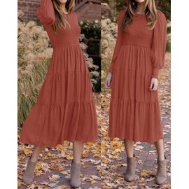ZESICA Women's 2024 Casual Long Sleeve Crew Neck High Waist Smocked Flowy Tiered Midi Dress,Rust,Large