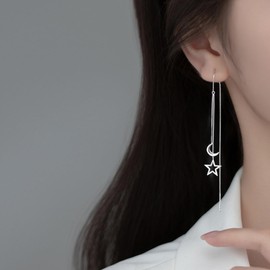 Long Star Moon Dangle Earrings Star Moon Threader Earring Long Tassel Chain Dangle Earrings Drop Earrings for Women Girls Cubic Zirconia, Cubic Zirconia