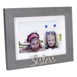 Malden International Designs 4x6 or 5x7 Sisters Distressed Expressions Picture Frame Silver Finish Sisters Word Attachment Gray Textured Wood Grain Finish MDF Frame White Beveled Mat