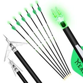 KEAUP 6 Pack 32 Inch Carbon Hunting Arrows with 100 Grain Broadheads and .244 Lighted Nocks Archery Arrows for Compound Bow Recurve Bow Archery Hunting (Green, Spine 400)