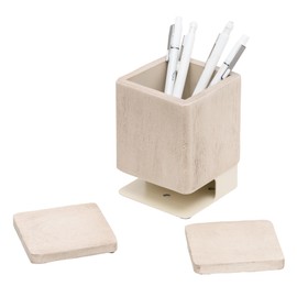 Realspace® Wood/Metal Pen Cup With Coasters, 5-1/4"H x 3-3/4"W x 3-3/4"D, Pine/Gold