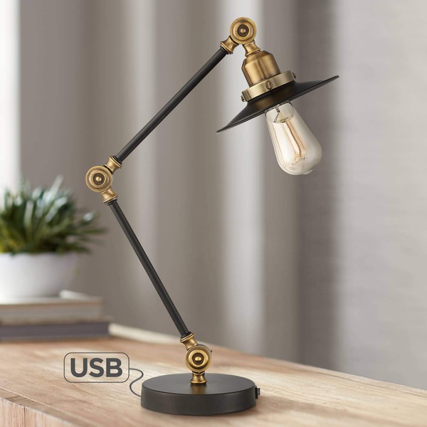 Taurus Industrial Rustic Western Desk Table Lamp with USB Charging Port Adjustable 20" High Black Gold Metal for Living Room Bedroom House Bedside Nightstand Home Office Reading - 360 Lighting