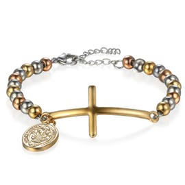 JewelryWe Bead Bracelet, St Benedict Exorcism Cross Stainless Steel Charm Bracelets for Men Women(Silverrose Color)