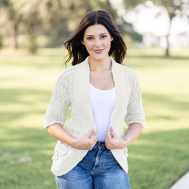 Loxdonz Women's Short Sleeve Crochet Knitted Bolero Shrug Cardigan Cropped Sweater, XX-Large, Cream