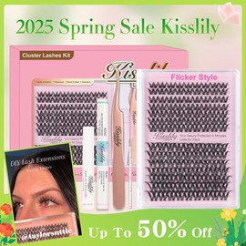 Kisslily Flicker Ultra Thin Band Manga & Spikey Whispy Lashes Kit DIY Eyelash Extension Kit D Curl Individual Lashes Waterproof lash clusters kit and Long lasting Makeup For Girl - Lash Style: Flicker Kit With Invisible Band (White Glue)